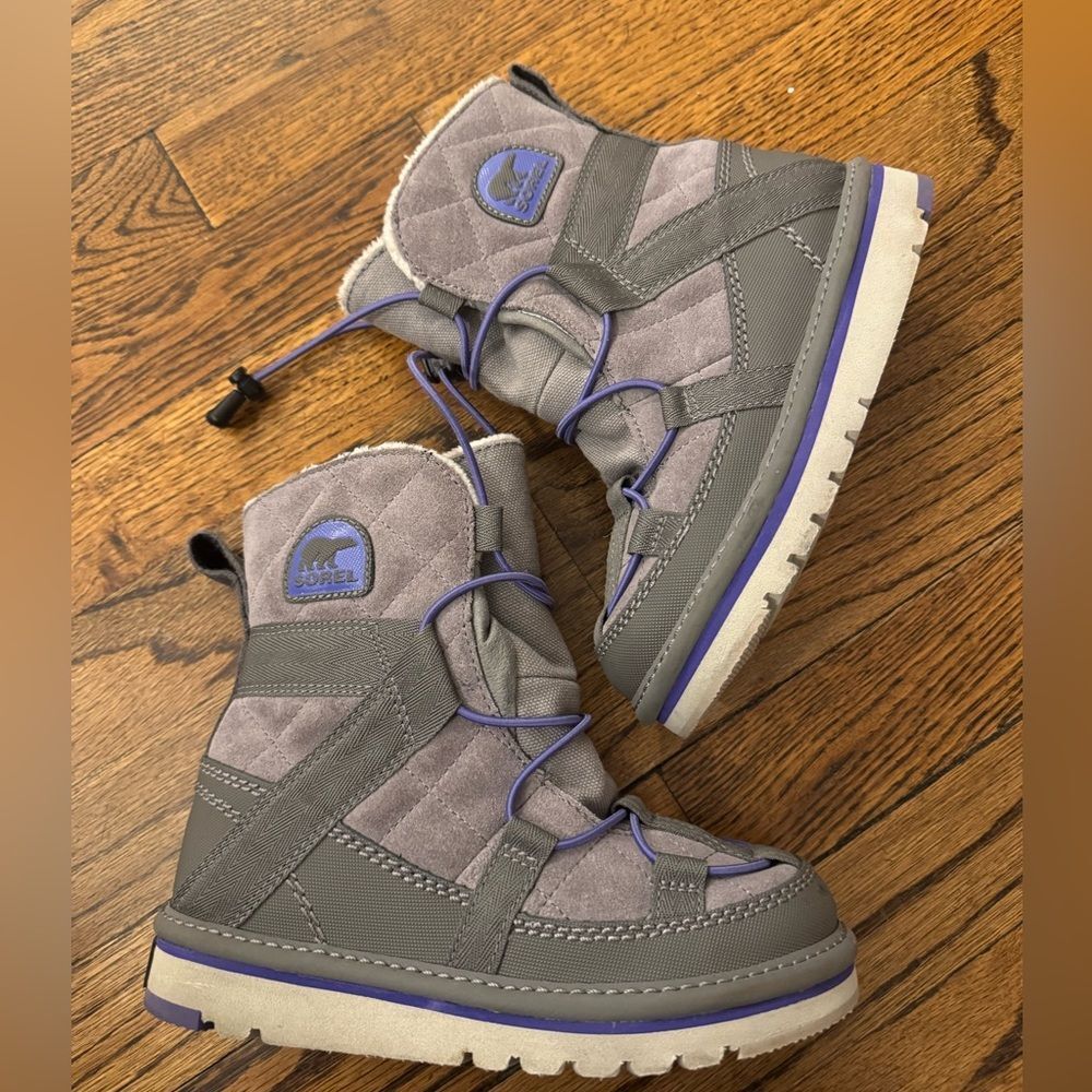SOREL Quilted Winter Snow Boots Gray Purple Cream Girls 1
